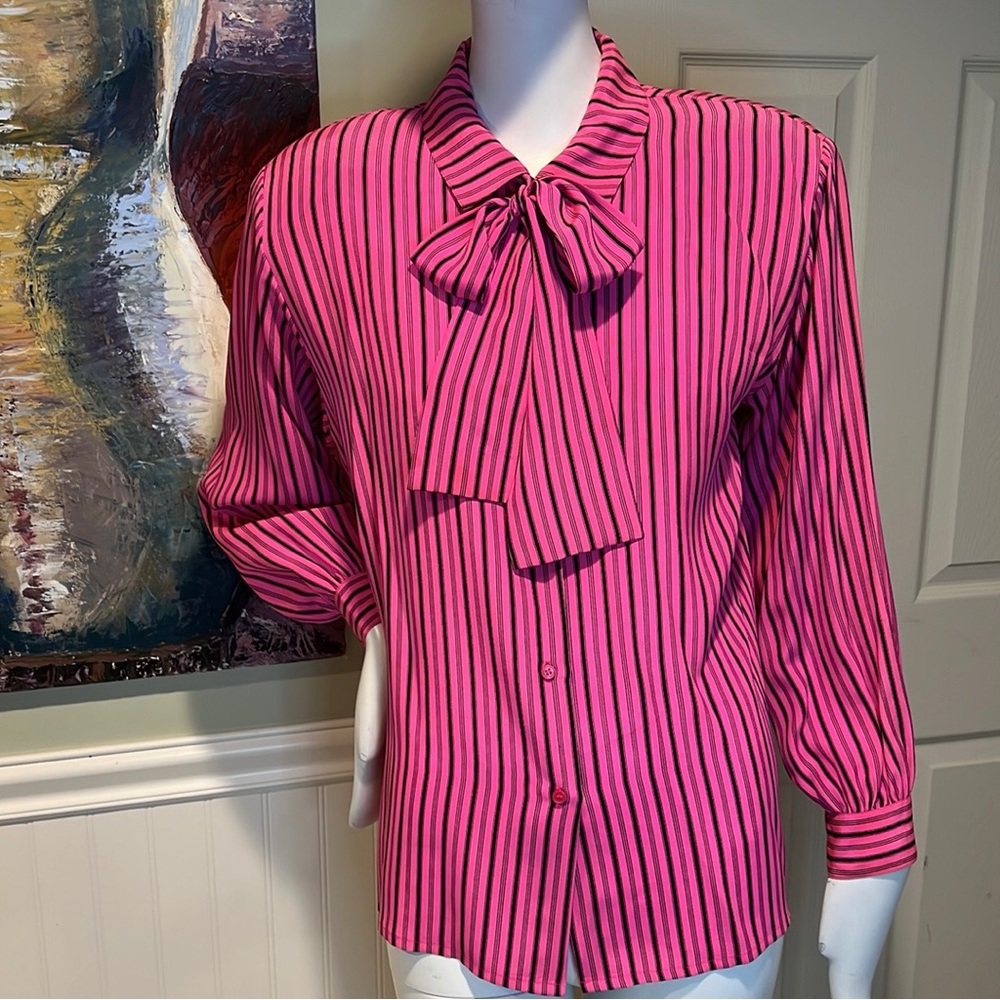 Vintage 80s Rino Rossi Barbie Hot Pink & Black Pinstripe Silk Blouse, Bow Tie